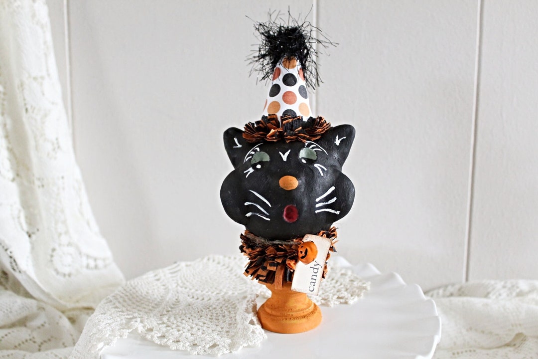 Handmade Folk Art Clay Halloween Black Cat Home Decor Etsy