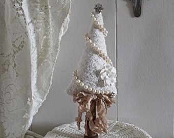 Shabby Inspired Fabric Christmas Tree With Vintage Wood Bobbin