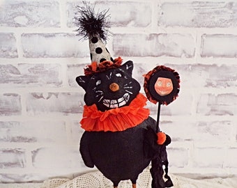 Handmade Paper Mache Cat Halloween Folk Art Figurine Home Decor