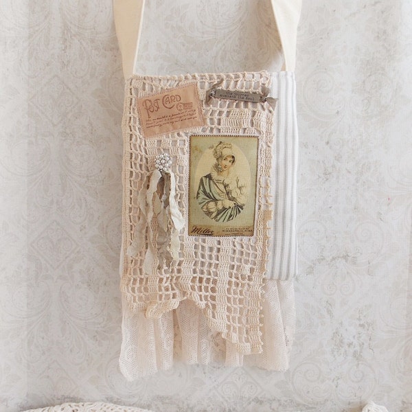 Shabby Jane Austen Pride and Prejudice Romantic Literature Ticking and Lace Crossbody Tote Bag