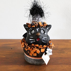 Handmade Folk Art Clay Halloween Black Cat Home Decor