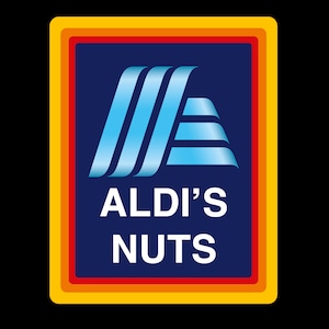 Puede incluir: Un logotipo azul y blanco con el texto "ALDI'S NUTS" en letras blancas sobre un fondo azul. El logotipo está rodeado por un borde rojo, naranja y amarillo.
