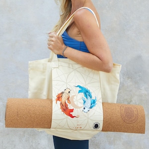 Bolsa de Yoga em Lona de Algodão Orgânico: Porta-Tapete de Yoga Beige (Koi Fish)