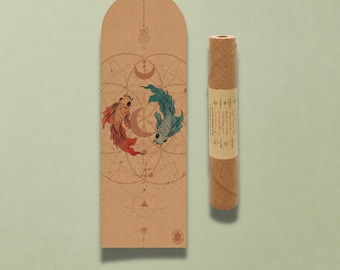 May include: A rectangular brown cork yoga mat with a rounded top edge featuring a printed design of a red and a blue koi fish swimming in a circle over geometric lines and moon phases, alongside a rolled-up matching cork yoga mat with a paper band.