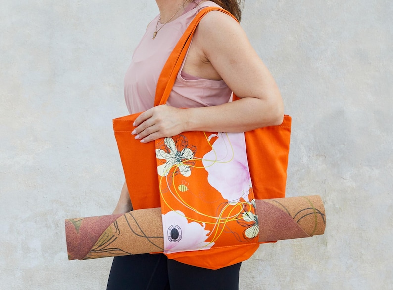 Bolsa de Yoga em Lona de Algodão Orgânico: Porta-Tapete de Yoga Orange (Flower)