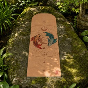 Pode incluir: Um tapete de yoga retangular de cor castanha clara com um gráfico central de dois peixes koi, um laranja e outro azul-petróleo, a nadar em círculo. O design inclui linhas geométricas castanhas finas, fases lunares e um pequeno logótipo.