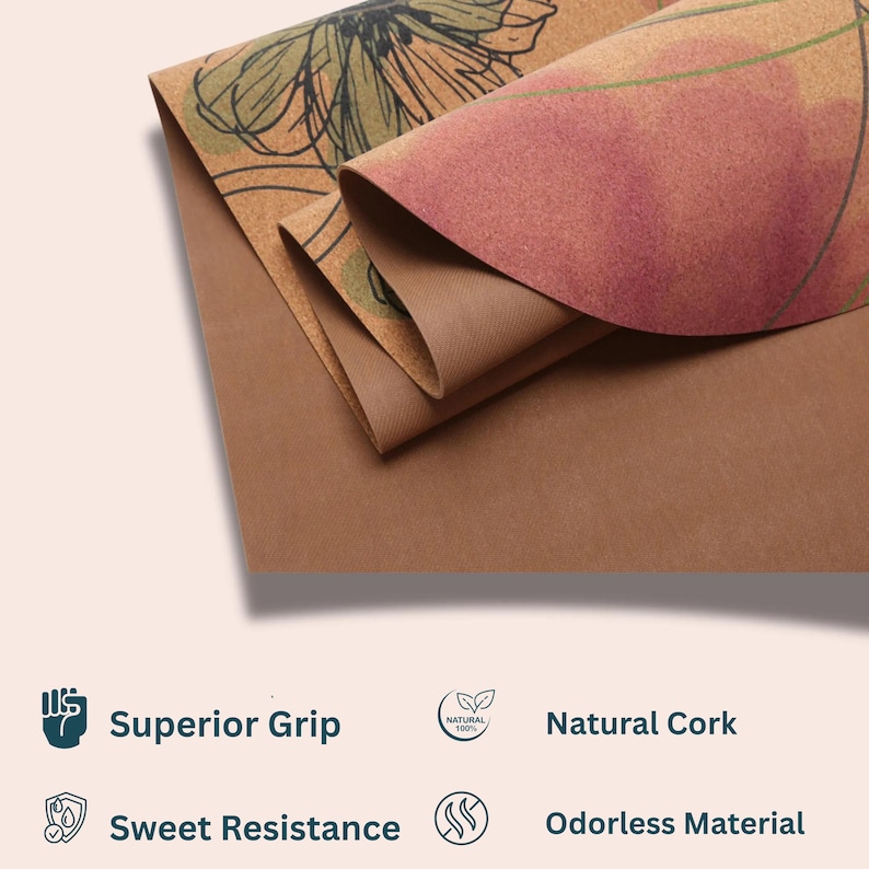 May include: A brown cork yoga mat with a floral design. The mat is rolled up and the cork is visible. The mat is made from natural cork and is odourless. It has a superior grip and good resistance.
