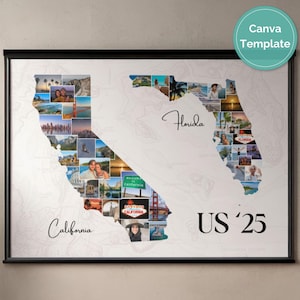 May include: Framed wall art featuring a map of California and Florida, filled with photos. The words "California", "Florida", and "US '25" are written on the art. A teal circle with the words "Canva Template" is in the upper right corner.