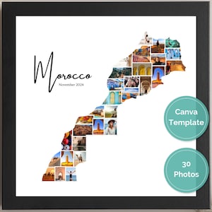 Modèle de toile de collage photo de carte du Maroc, cadeau photo personnalisé, art mural marocain, décoration marocaine, déménagement d'adieu ou cartes de vœux