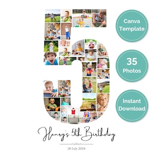 May include: A Canva template for a 5th birthday photo collage. The number 5 is made up of 35 photos of a child. The text "Henry's 5th Birthday" and "26 July 2024" are below the collage. The template is available for instant download.