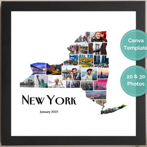 New York Fotocollage Canva Template, Individuelle New York City Karte Geschenk zum Abschied & Familienurlaub, New York Map, Wand Kunst und Poster