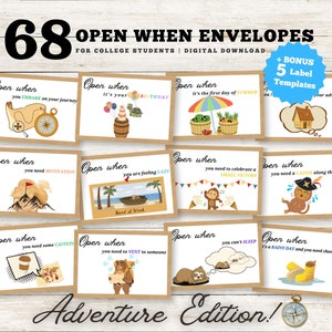 Etiquetas para paquetes de cuidado universitario: diseño de aventuras, etiquetas para sobres y cartas: Open When, último año, kit de supervivencia para la universidad