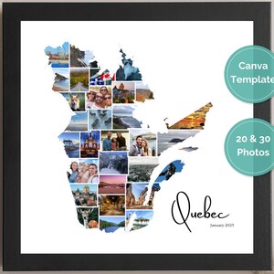 Modèle de toile de collage photo du Québec, cadeau photo canadien personnalisé pour des vacances en famille et des souvenirs d'adieu, affiche et art mural de carte du Québec
