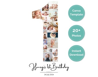 May include: A Canva template for a first birthday photo collage. The template is shaped like the number one and features a collage of photos of a baby. The text "Henry's 1st Birthday" is at the bottom of the template. The text "20+ Photos" is in a circle on the right side of the template. The text "Instant Download" is in a circle below the "20+ Photos" circle. The text "Canva Template" is in a circle above the "20+ Photos" circle.