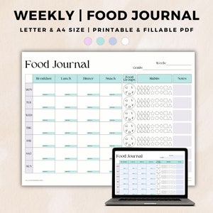 以下が含まれることがあります： 薄い青と白のカラーリングで印刷可能な週刊フードジャーナル。ジャーナルには、朝食、昼食、夕食、軽食、食品グループ、習慣、メモのセクションが含まれています。ジャーナルには、G、V、P、Dの文字が書かれた円も含まれており、これはおそらく食品グループを表しています。