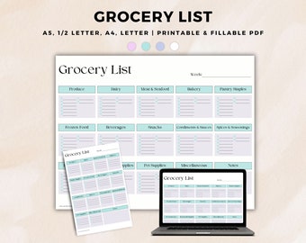 Food List, Grocery List Template and Checklist, Shopping List Printable PDF with Categories, Fillable PDF, Organize Shopping with Ease