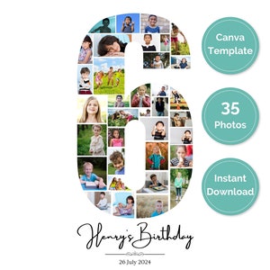 6th Birthday Photo Collage Canva Frame Template, Customizable Collage for Child&#39;s 6th Birthday, 6th Anniversary Gift, Milestone Celebration