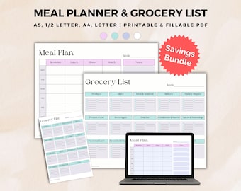 Organized Meal Planning Set, Grocery List and Meal Prep Template Bundle, Printable and Fillable PDF, Easy Food Planning, Grocery Checklist