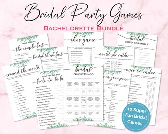 Bachelorette Party Games with Bridal Shower Bingo. 10 Fun Bridal Shower Games Bundle, Instant Download, Wedding Table Activities, Evergreen