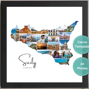 Sizilien Italien Karte Foto Collage Canva Vorlage, Sizilien Wand Kunst und Poster, individuelles Foto Geschenk für Familienurlaub und Abschiedskarten