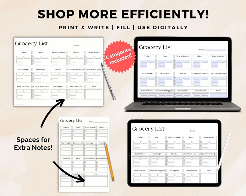 Organized Meal Planning Set, Grocery List and Meal Prep Template Bundle
