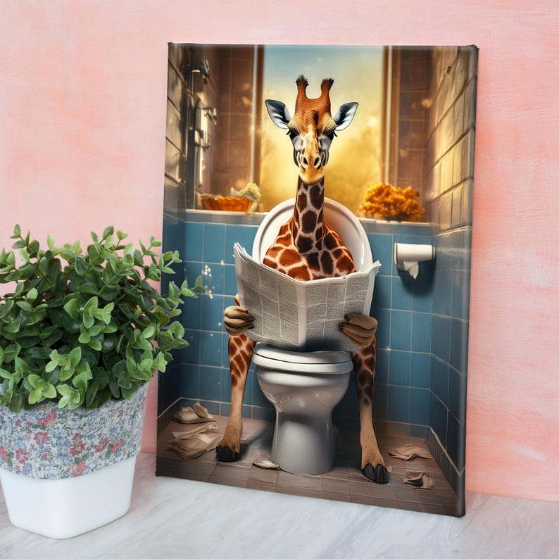 Giraffe Bathroom Wall Art, Funny Bathroom Art Printable Decor, Restroom ...