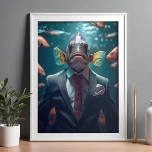 Grappige vis in pak muurkunstprint voor woonkamer, slaapkamer, badkamer, digitale oceaandownload