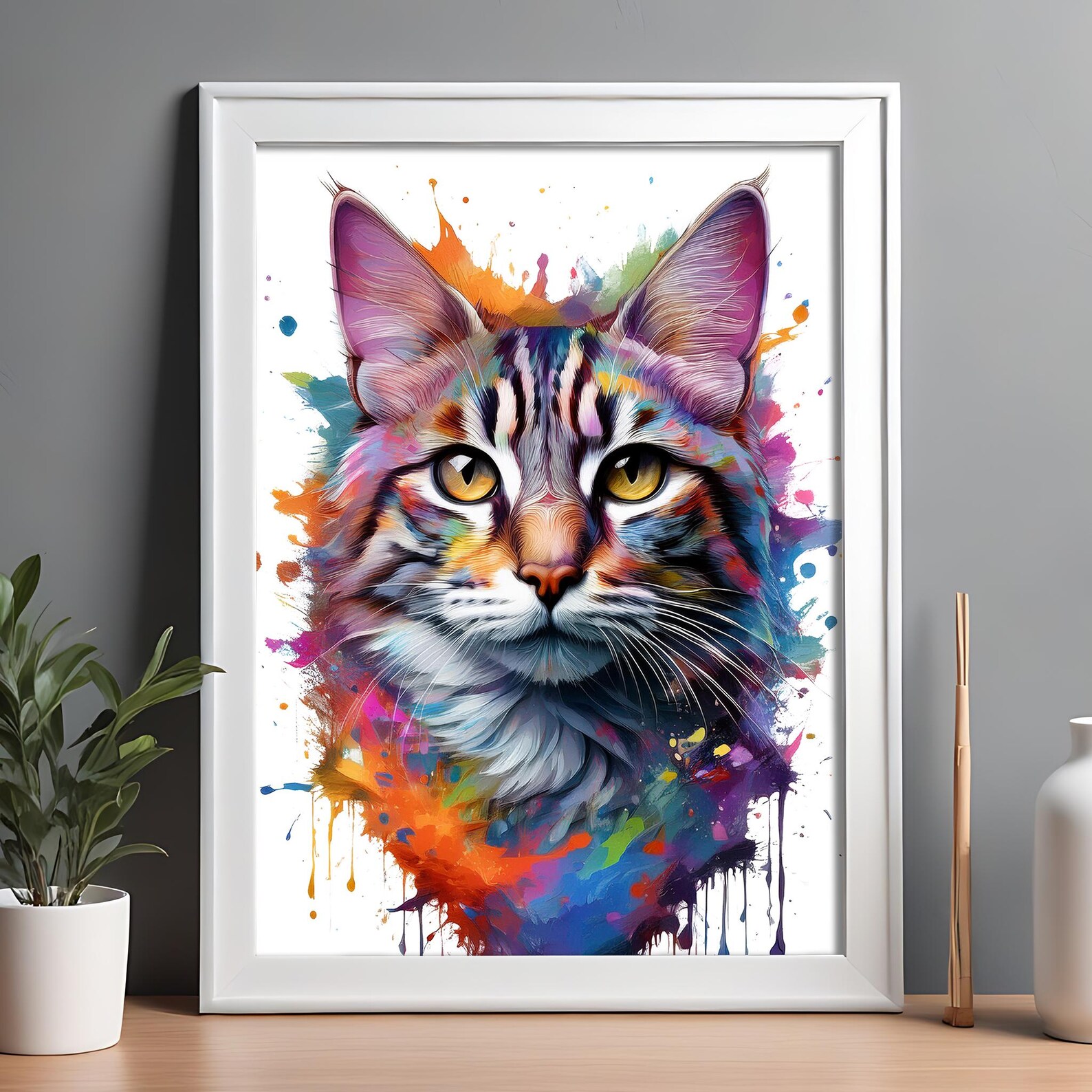 Tabby Cat Portrait - Digital Print Abstract Painting, Splatter Art ...