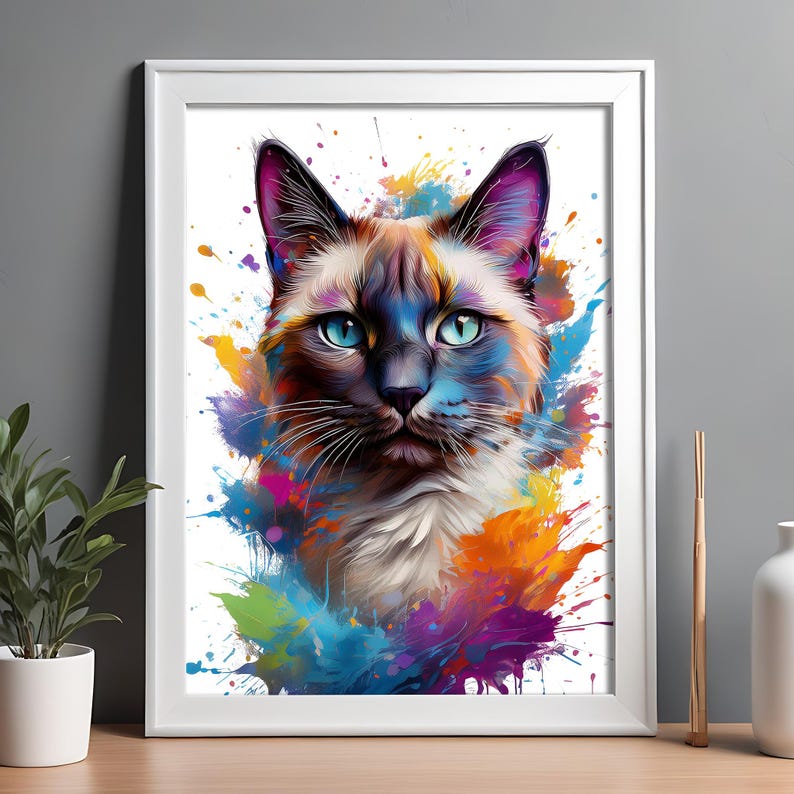 Siamese Cat Portrait - Digital Print Abstract Painting, Splatter Art ...