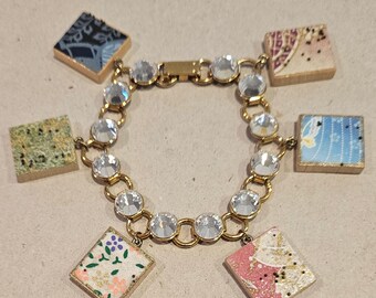 Handcrafted Origami Paper Charm Bracelet: Swarovski Crystal Goldtone Jewelry