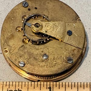 May include: Close-up of a gold-toned pocket watch movement with the inscription "New York Standard Watch Co." visible. The watch movement is disassembled and shows the gears and other internal components.