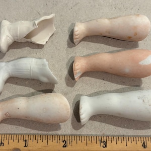 Choice 1 China Leg, Old Porcelain, Variety, German Doll Factory, Damaged, Assemblage, 1900s Vintage, Antique Frozen Charlotte, Bisque Fire
