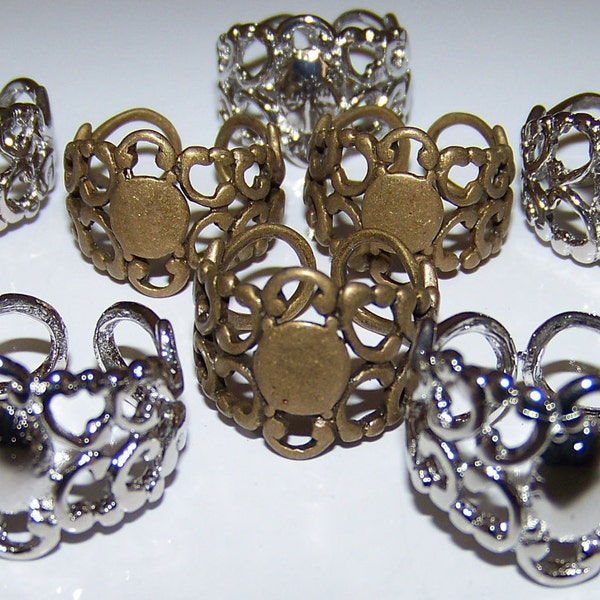 10 Ring Base Blanks Neo Victorian Filigree 5 Brass and 5 Platinum Color Plated Finger Steampunk Watch Cabachon