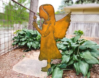 Figura de ángel, escultura de metal para jardín, decoración de primavera para exteriores, decoración de ángel, gran obra de arte de metal para tumba, estatua de ángel para césped.