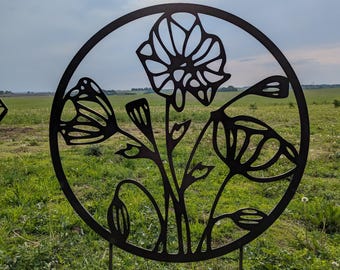 Letrero metálico de amapola para jardín / Decoración floral / Arte metálico para jardín / Decoración de jardín de metal / Arte de amapola / Arte grande para jardín / Arte floral moderno