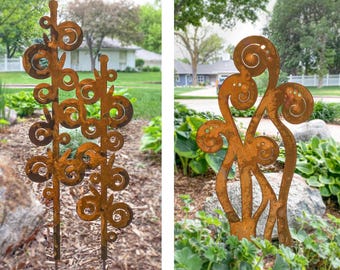 Hollyhocks Fiddlehead Ferns Metal Garden Sculpture Set, Spring Garden Decor Trending Now, Large Outdoor Sculpture Metal Garden Stakes
