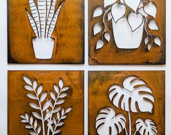 Decoración de pared moderna de metal para plantas de interior, juego de 4 siluetas de plantas de acero, 40 x 50 cm (16" x 20"), planta Monstera con pátina oxidada, regalo para amantes de las plantas.