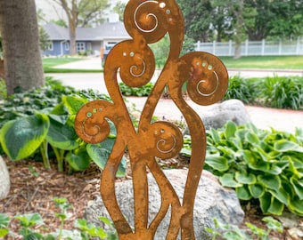 Estaca de jardín de metal abstracta, arte abstracto moderno de acero, escultura de jardín de metal oxidado, decoración de jardín con pátina de cobre, arte de jardín oxidado