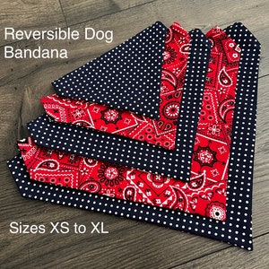 Reversible Dog Bandana: Red Paisley & Navy Polka Dot, Over the Collar
