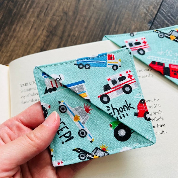 Emergency vehicles corner bookmark,  bookmark, bookmark corner, fabric, gift for young reader, teachers, sewn, kids, fire truck, police