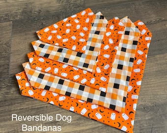 Reversible Halloween Dog Bandana: Orange Ghost & Plaid, Over the Collar