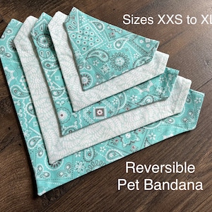 May include: Five reversible pet bandanas in various sizes from XXS to XL. The bandanas are teal blue with a paisley pattern and white trim. The bandanas are arranged in order of size, with the smallest on top and the largest on the bottom. The text "Reversible Pet Bandana" is printed below the bandanas.