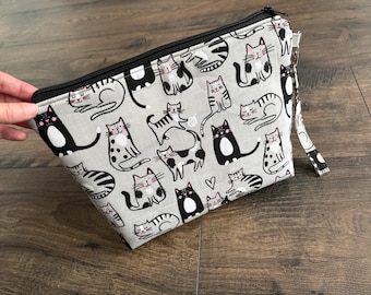 Cat Knitting Project Bag: Cotton Crochet Storage (11x8x3")