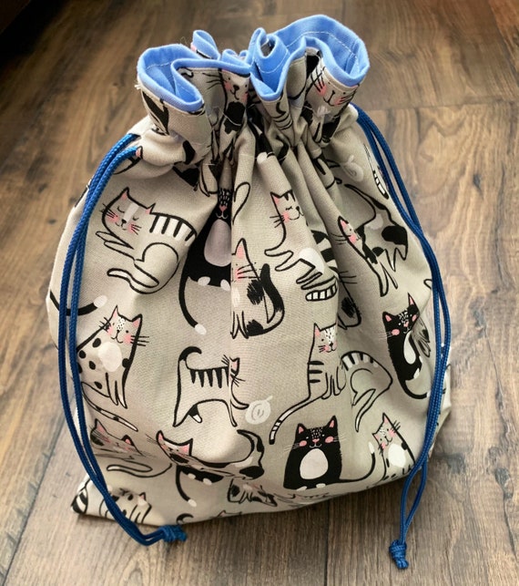 Project bag - sock knitting project bag - grey cat print - crochet project bag - 11”x13”