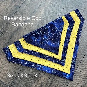 Cosmos dog bandana, over the collar, bandana, reversible, double sided, polka dot, bandanna, pet, cat, blue, yellow, stars, constellation