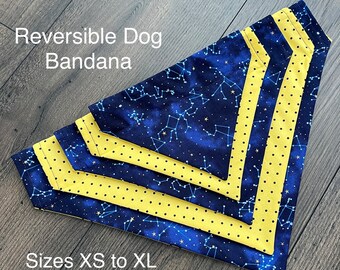 Cosmos dog bandana, over the collar, bandana, reversible, double sided, polka dot, bandanna, pet, cat, blue, yellow, stars, constellation