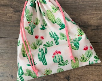 Project bag, sock knitting project bag, cactus print, crochet project bag, 11”x13”, cacti, pink, flower, project bag, crochet, cross stitch