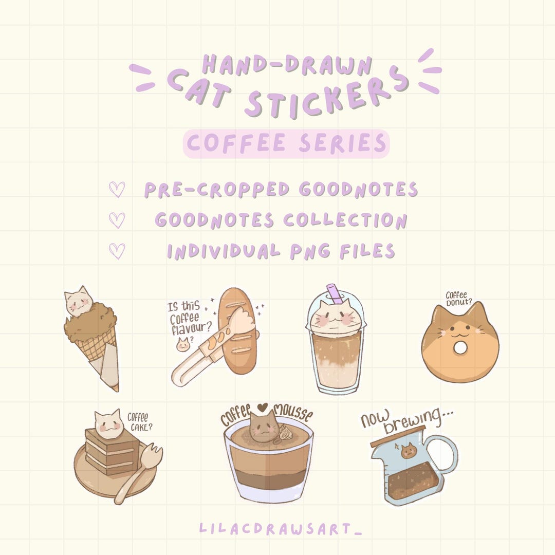 Buy Cat Coffee Stickers | Hand-drawn PNG for Goodnotes (digital ...