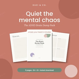 Puede incluir: Un conjunto de planificador digital titulado The Brain Dump Pack de Duzi & Co. sobre un fondo terracota. La portada dice empty your head in minutes y Quiet the mental chaos. Dos páginas interiores muestran secciones con líneas.