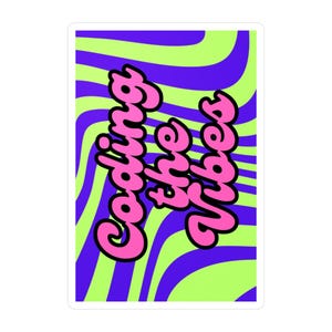 Könnte beinhalten: Ein rechteckiger Aufkleber mit einem groovy Design. Der Hintergrund zeigt wellenförmige Streifen in Neongrün, Lila und Blau. Der Text "Catch the Vibe" ist in rosa, blasenartigen Buchstaben gehalten und verleiht dem Aufkleber einen verspielten Touch.